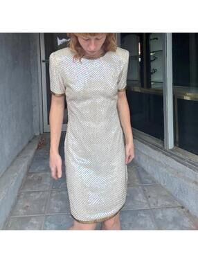 VTG Night Vogue Metallic Cream Silk Sequin & Gold Beaded Evening Sheath Dress